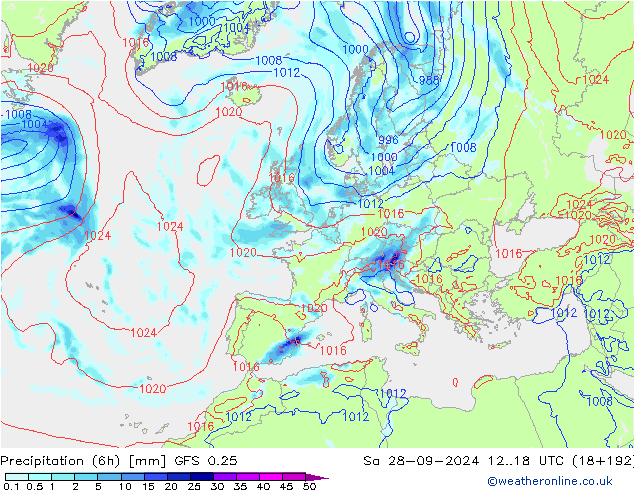 Z500/Rain (+SLP)/Z850 GFS 0.25 сб 28.09.2024 18 UTC