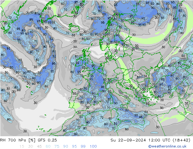 RH 700 hPa GFS 0.25 So 22.09.2024 12 UTC