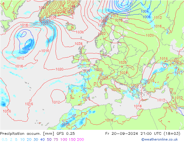 Precipitación acum. GFS 0.25 vie 20.09.2024 21 UTC