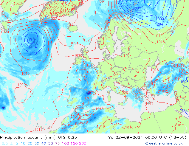 Precipitation accum. GFS 0.25 Dom 22.09.2024 00 UTC