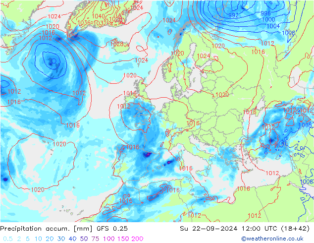 Precipitation accum. GFS 0.25  22.09.2024 12 UTC