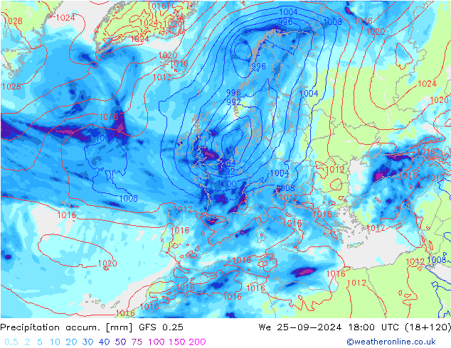 Precipitation accum. GFS 0.25 We 25.09.2024 18 UTC