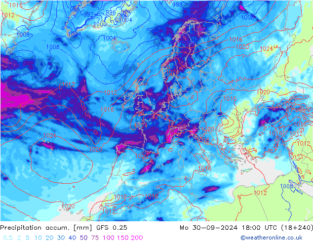 Precipitation accum. GFS 0.25 Mo 30.09.2024 18 UTC