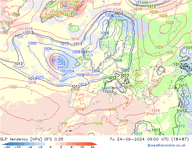 Tendance de pression  GFS 0.25 mar 24.09.2024 09 UTC