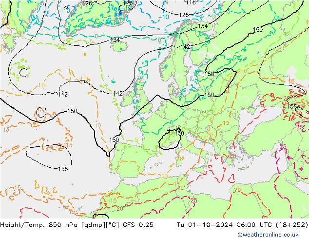 Height/Temp. 850 hPa GFS 0.25 Di 01.10.2024 06 UTC