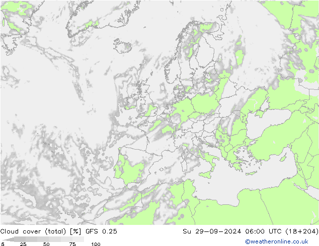 zachmurzenie (suma) GFS 0.25 nie. 29.09.2024 06 UTC