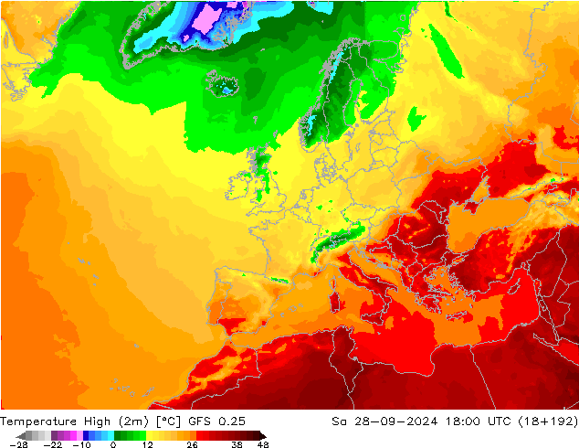 Maksimum Değer (2m) GFS 0.25 Cts 28.09.2024 18 UTC