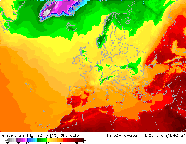 Höchstwerte (2m) GFS 0.25 Do 03.10.2024 18 UTC