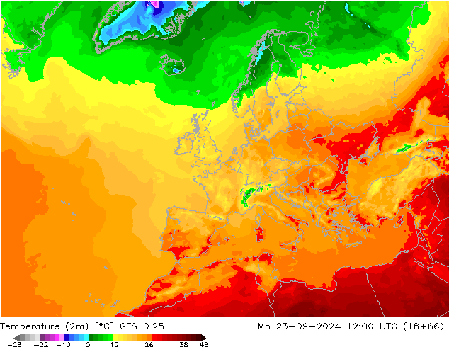 Temperatura (2m) GFS 0.25 lun 23.09.2024 12 UTC