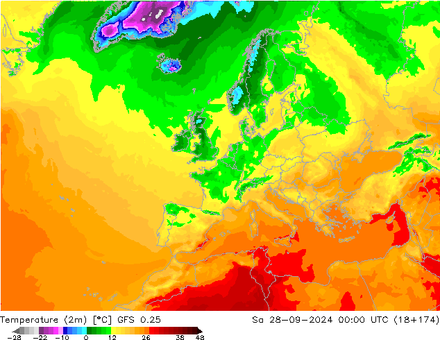 Temperature (2m) GFS 0.25 So 28.09.2024 00 UTC