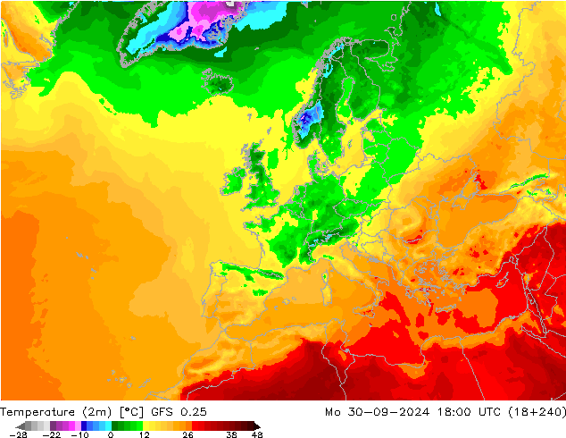 température (2m) GFS 0.25 lun 30.09.2024 18 UTC