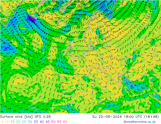 Surface wind GFS 0.25 Ne 22.09.2024 18 UTC