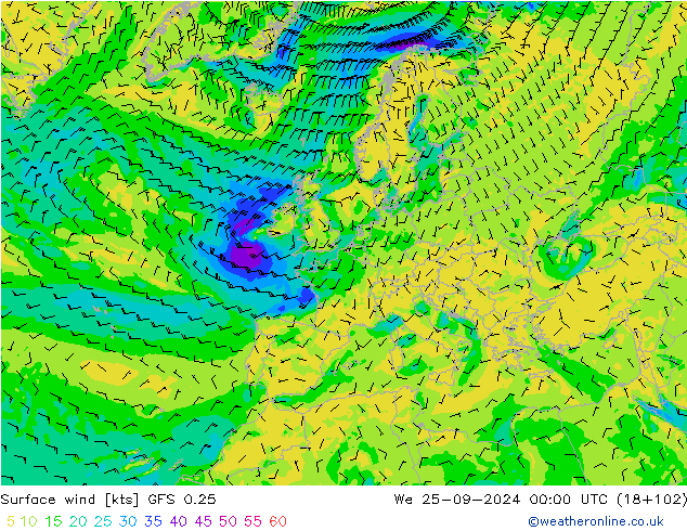 Surface wind GFS 0.25 We 25.09.2024 00 UTC