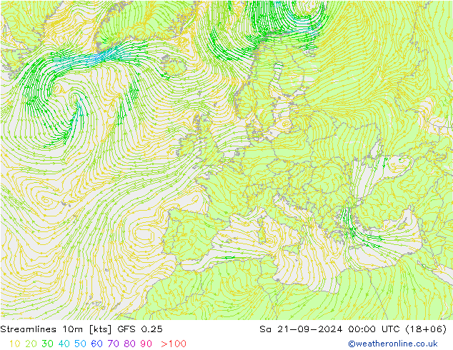 Linia prądu 10m GFS 0.25 so. 21.09.2024 00 UTC