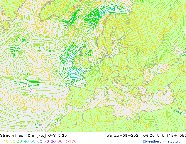 Streamlines 10m GFS 0.25 We 25.09.2024 06 UTC