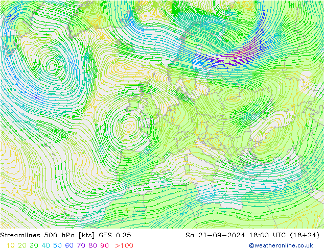 Stromlinien 500 hPa GFS 0.25 Sa 21.09.2024 18 UTC