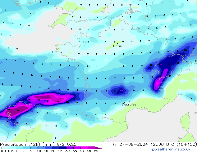 Precipitación (12h) GFS 0.25 vie 27.09.2024 00 UTC