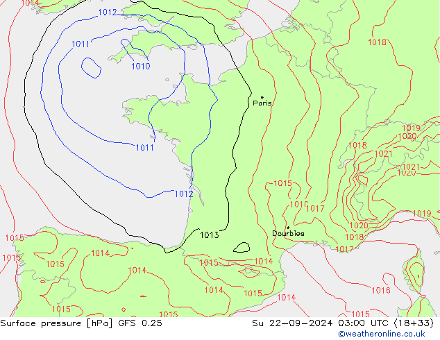 Presión superficial GFS 0.25 dom 22.09.2024 03 UTC