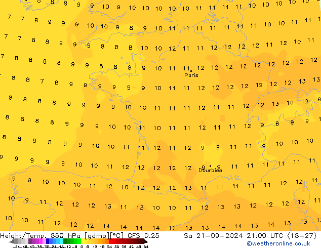 Height/Temp. 850 hPa GFS 0.25 Sa 21.09.2024 21 UTC