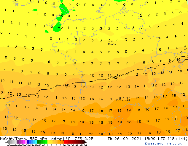 Geop./Temp. 850 hPa GFS 0.25 jue 26.09.2024 18 UTC