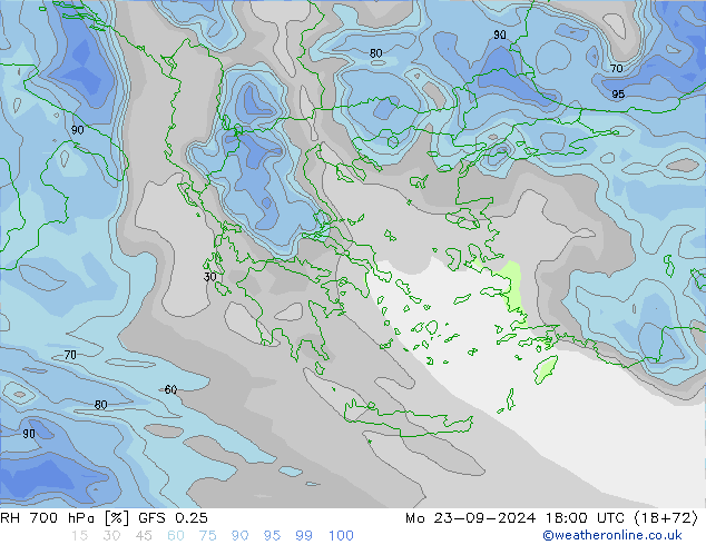 RH 700 hPa GFS 0.25 Mo 23.09.2024 18 UTC