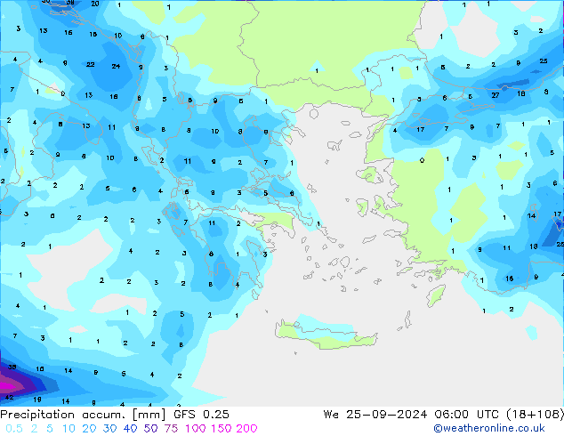 Precipitation accum. GFS 0.25 Qua 25.09.2024 06 UTC