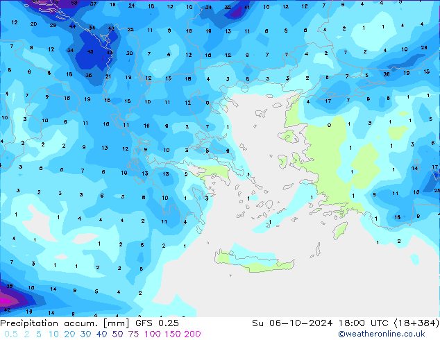 Toplam Yağış GFS 0.25 Paz 06.10.2024 18 UTC