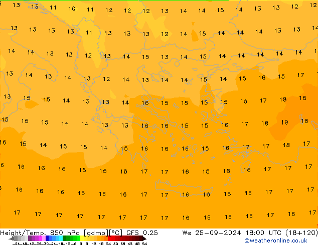 Hoogte/Temp. 850 hPa GFS 0.25 wo 25.09.2024 18 UTC