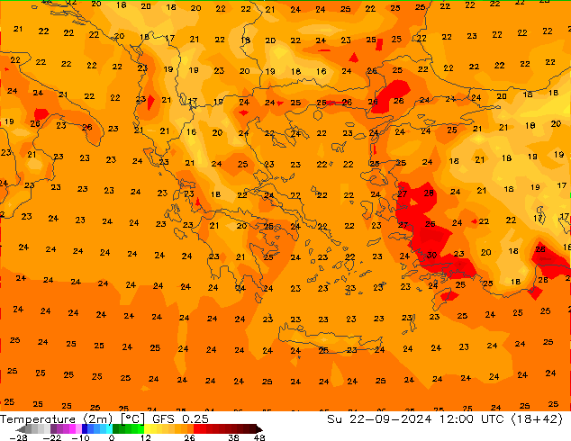 Temperatura (2m) GFS 0.25 dom 22.09.2024 12 UTC