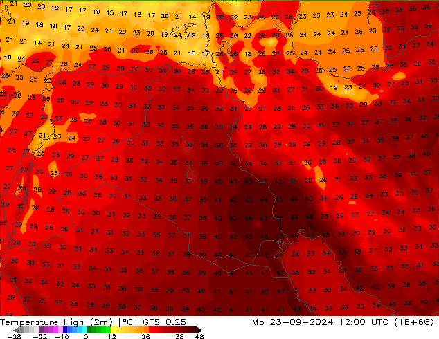 Maksimum Değer (2m) GFS 0.25 Pzt 23.09.2024 12 UTC