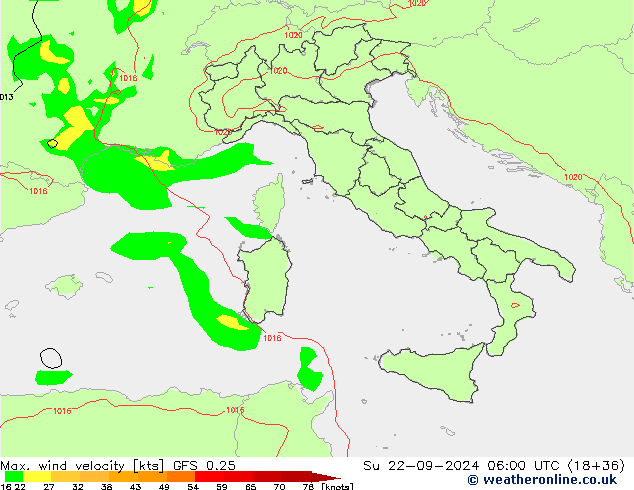 Maks. Rüzgar Hızı GFS 0.25 Paz 22.09.2024 06 UTC