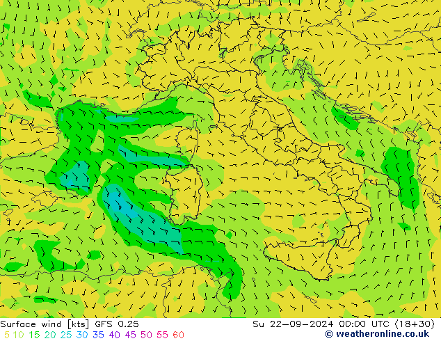 Wind 10 m GFS 0.25 zo 22.09.2024 00 UTC