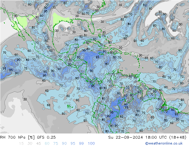 RH 700 hPa GFS 0.25 Su 22.09.2024 18 UTC