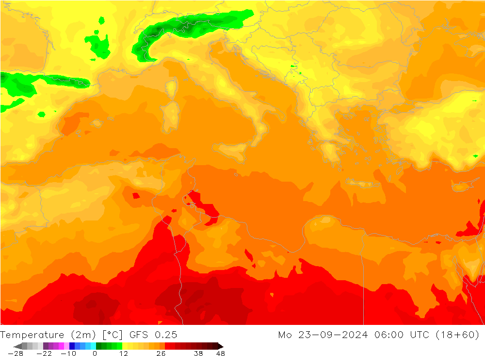 Temperatura (2m) GFS 0.25 lun 23.09.2024 06 UTC