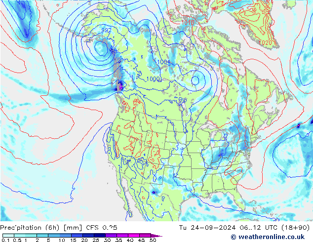 Precipitation (6h) GFS 0.25 Tu 24.09.2024 12 UTC