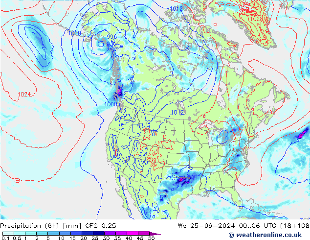 Precipitation (6h) GFS 0.25 We 25.09.2024 06 UTC