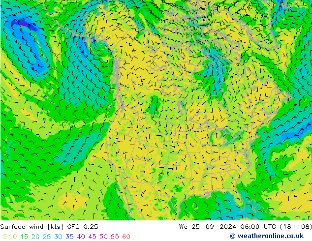 Vento 10 m GFS 0.25 Qua 25.09.2024 06 UTC