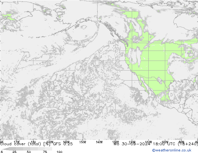 Cloud cover (total) GFS 0.25 Mo 30.09.2024 18 UTC