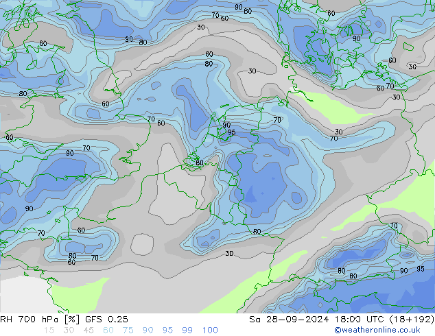 RH 700 hPa GFS 0.25 Sa 28.09.2024 18 UTC