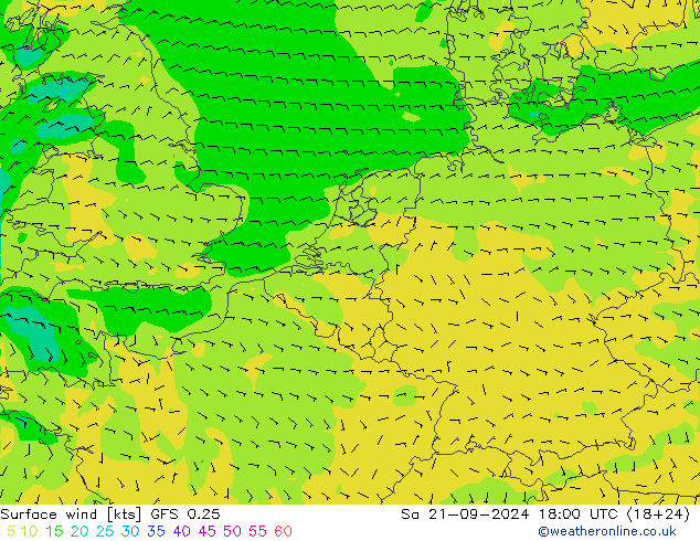 Wind 10 m GFS 0.25 za 21.09.2024 18 UTC