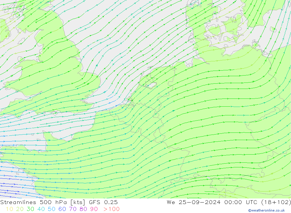 Linea di flusso 500 hPa GFS 0.25 mer 25.09.2024 00 UTC