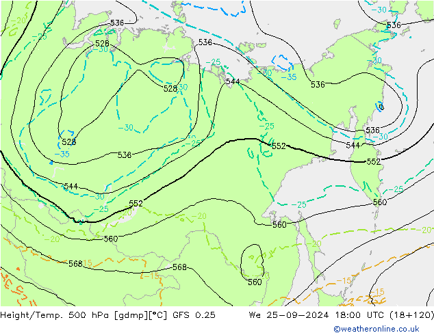 Z500/Rain (+SLP)/Z850 GFS 0.25 St 25.09.2024 18 UTC