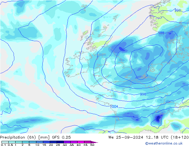 Z500/Rain (+SLP)/Z850 GFS 0.25 ср 25.09.2024 18 UTC