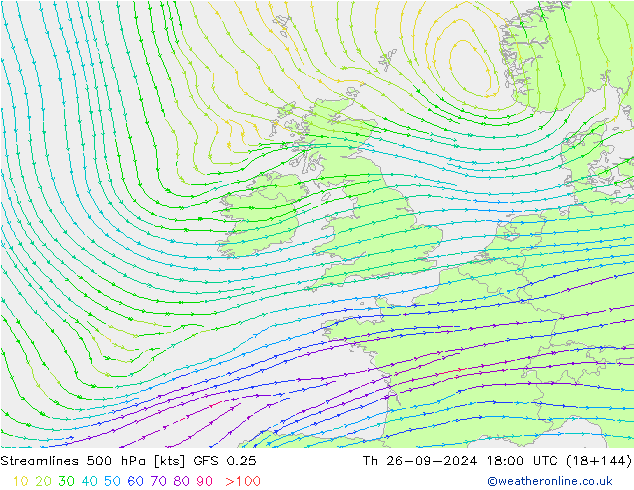 Streamlines 500 hPa GFS 0.25 Čt 26.09.2024 18 UTC