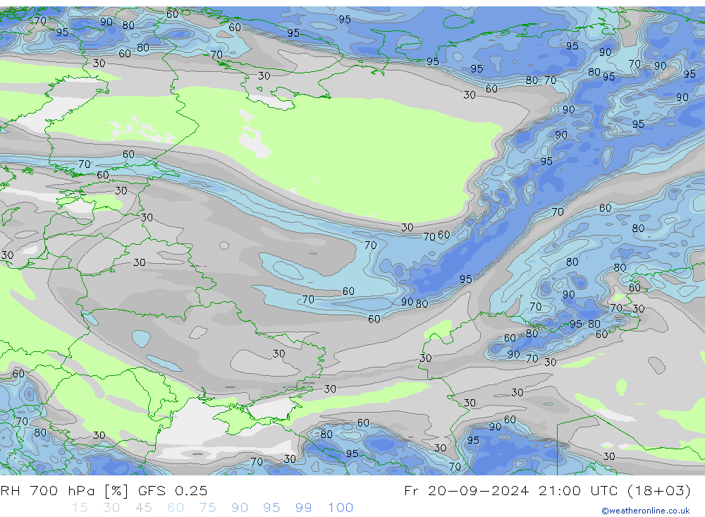 RH 700 hPa GFS 0.25 pt. 20.09.2024 21 UTC