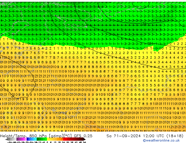 Z500/Rain (+SLP)/Z850 GFS 0.25 Sa 21.09.2024 12 UTC