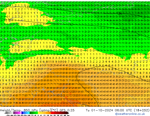 Geop./Temp. 850 hPa GFS 0.25 mar 01.10.2024 06 UTC