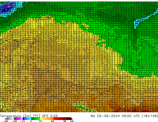 Sıcaklık Haritası (2m) GFS 0.25 Çar 25.09.2024 06 UTC