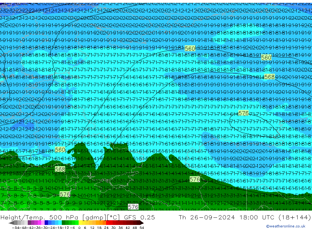 Z500/Rain (+SLP)/Z850 GFS 0.25 jeu 26.09.2024 18 UTC