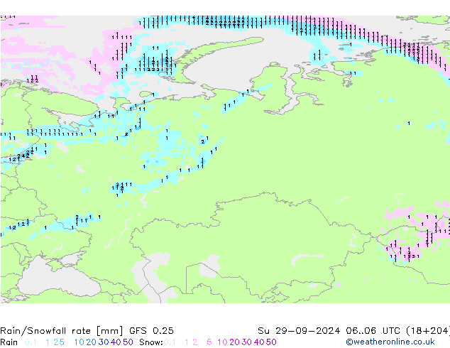 Rain/Snowfall rate GFS 0.25 Su 29.09.2024 06 UTC